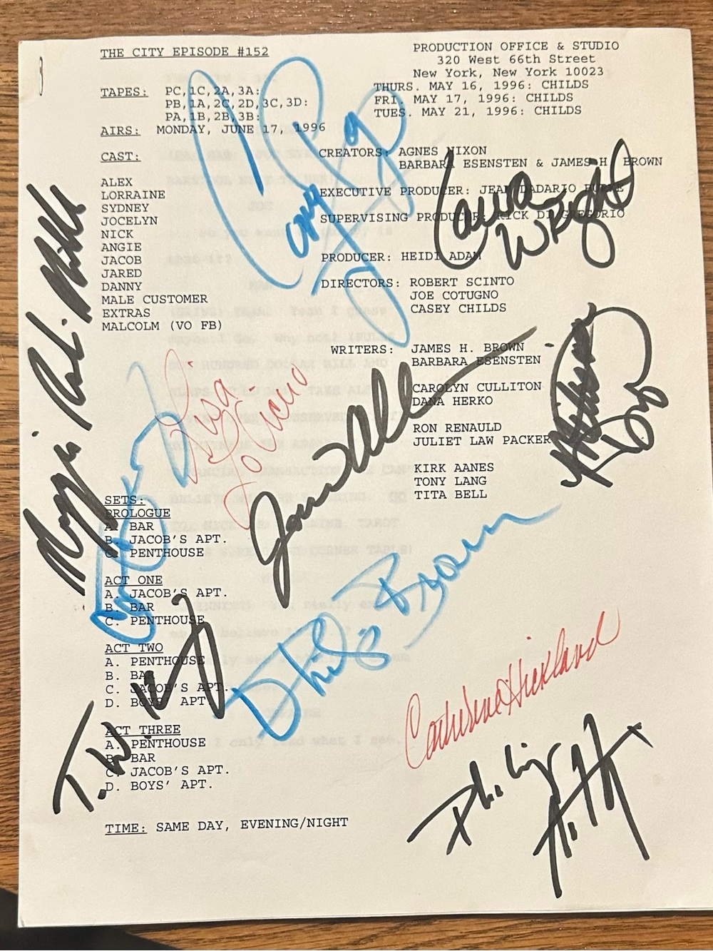 Signed TV Script Page with Multicolor Autographs